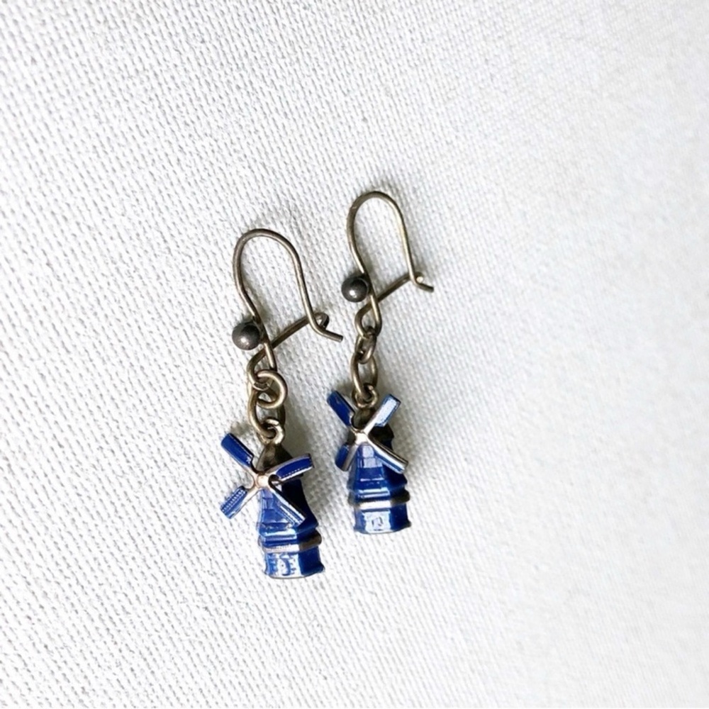 Vintage Scandinavian Silver Tone Blue Enamel Windmills Pierced Earrings - Picture 6 of 7